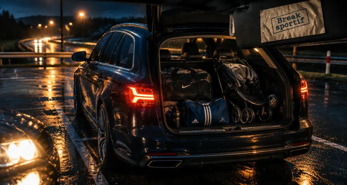 Les break sportif : break sportif sombre la nuit sur parking mouillé