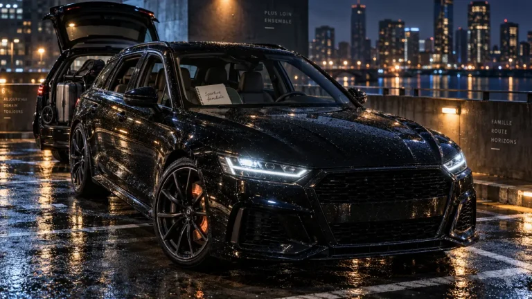 Voiture sportive et familiale : berline noire urbaine sous la pluie, phares allumés